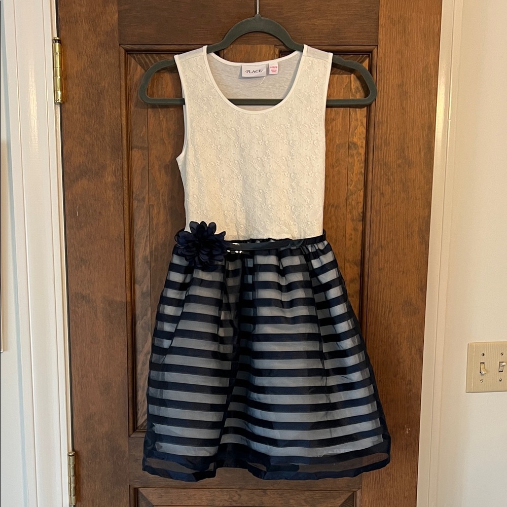 Children's Place dress - white top and a navy blue striped mesh skirt. 10/12
